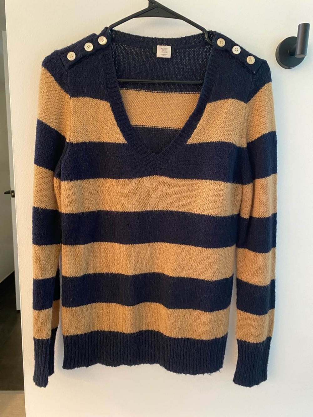 J. Crew Navy & Camel Striped V-Neck Button-Shoulder Sweater